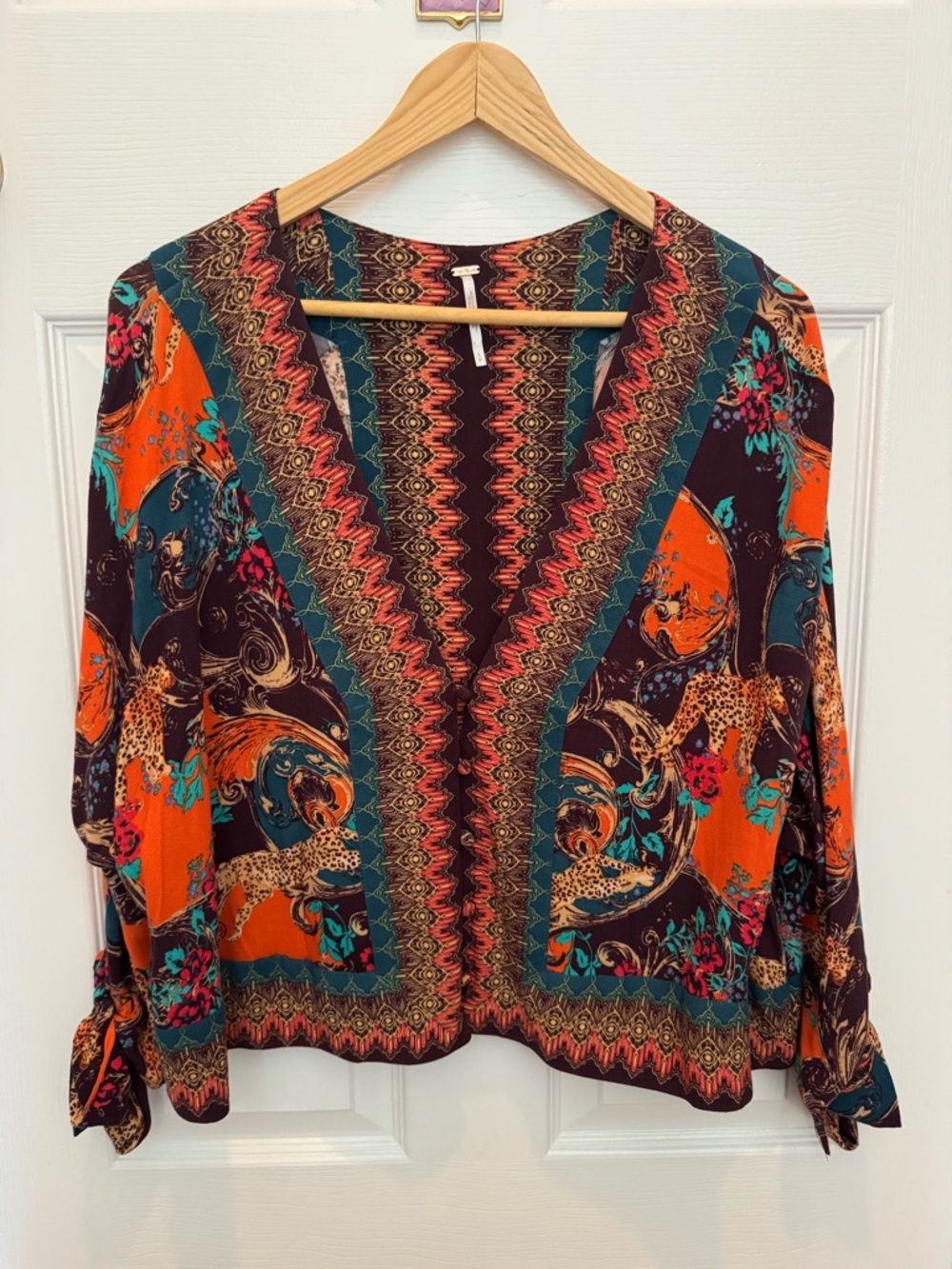 FBoho-Print V-Neck Women’s Top in Orange & Teal
